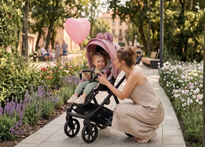 Mama z małą dziewczynką w spacerówce Natoni Joy New Coral Blush do 22 kg podczas spaceru w parku
